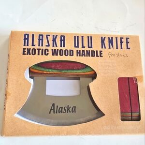New In Box Alaska ULU Knife with Wood Block Holder EXOTIC WOOD Rainbow